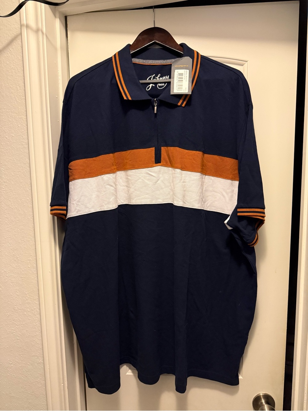 Men's Navy Polo with Rust and White Stripe